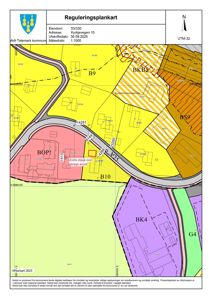 Reguleringsplankart som viser eiendomsnummer, adresse, utskriftsdato, målestokk, kommunal vapp, nordpil, arealbruksklasser (fargekodet), vegnett og eiendomsgranser.