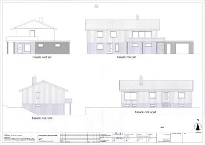 Fasadetegning som viser bygningens utseende fra alle fire sider (øst, sør, vest og nord).