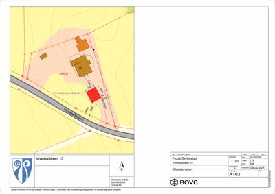 Situasjonskart som viser tomtens beliggenhet, grenser, eksisterende bygninger og planlagt bebyggelse.