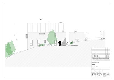 Fasadetegning (opprikk) av en bygning sett fra nord (F), med angitte høyder, terrengforhold og eksisterende beplantning.