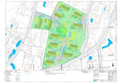 Situasjonsplan som viser tomtens grenser, nabolag, veier og planlagt bebyggelse med fargekodet informasjon om arealbruk.