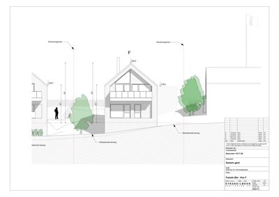 Fasadetegning (opprikk) av en bygning sett fra øst (F), med angitte høyder, terrengforhold og eksisterende beplantning.