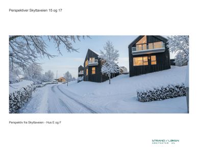 3D-visualisering (rendering) av husene i Skyttaveien 15 og 17 sett fra veien, med snødekke.