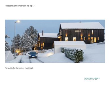 3D-visualisering (rendering) av en planlagt bygning i snø, sett fra en bestemt vinkel (Kloraveien).