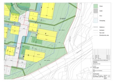 Situasjonsplan som viser tomtens beliggenhet, grenser, høyder, beplantning og infrastruktur.