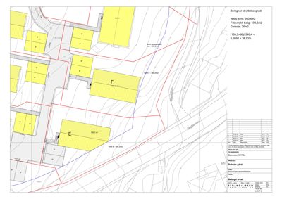 Situasjonsplan som viser tomtens grenser, bebyggelse (T, E, F), veier, og beregnet utnyttelsesgrad.