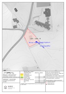 Gårdsplan (gardskart) som viser eiendomsnummer 65/108/0, markeringer for 'Biovac renseanleggsringskum' og 'utslippsgrøfter', samt arealdata og markslag.