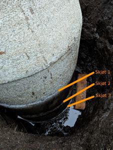 Fotografi av en stor, rund betongkonstruksjon (sannsynligvis en vann- eller avløpsrør) i graven, med markerte skjøter og en tømmerbit.