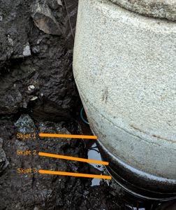 Fotografi av en stor, sylindrisk betongkonstruksjon (sannsynligvis en vann- eller avløpsbunker) i graven, med markerte skjøter på siden.