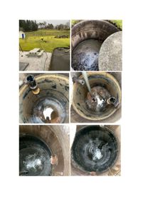 En collage av seks fotografier som viser en utgravd septiktank eller avløpsbrønn. Bildene viser både omgivelsene (en person som arbeider med slange) og innsiden av tanken med vann og rør.