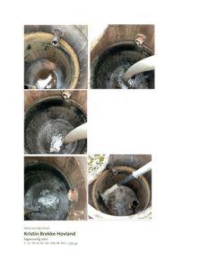 Fotografier av en septiktank eller lignende anlegg under vedlikehold, med slamsuging i gang.