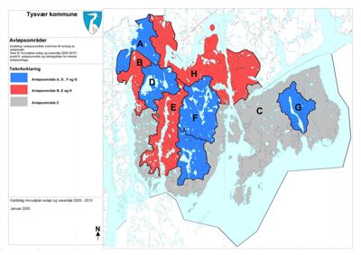 Kart over avløpsområder i Tysvær kommune med fargekodet inndeling (blå, rød, grå) og tekstforklaring.
