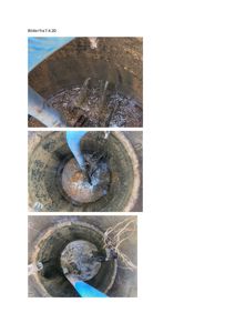 Fotografier av en utgravd grøft eller brønn med vann og en blå slange.