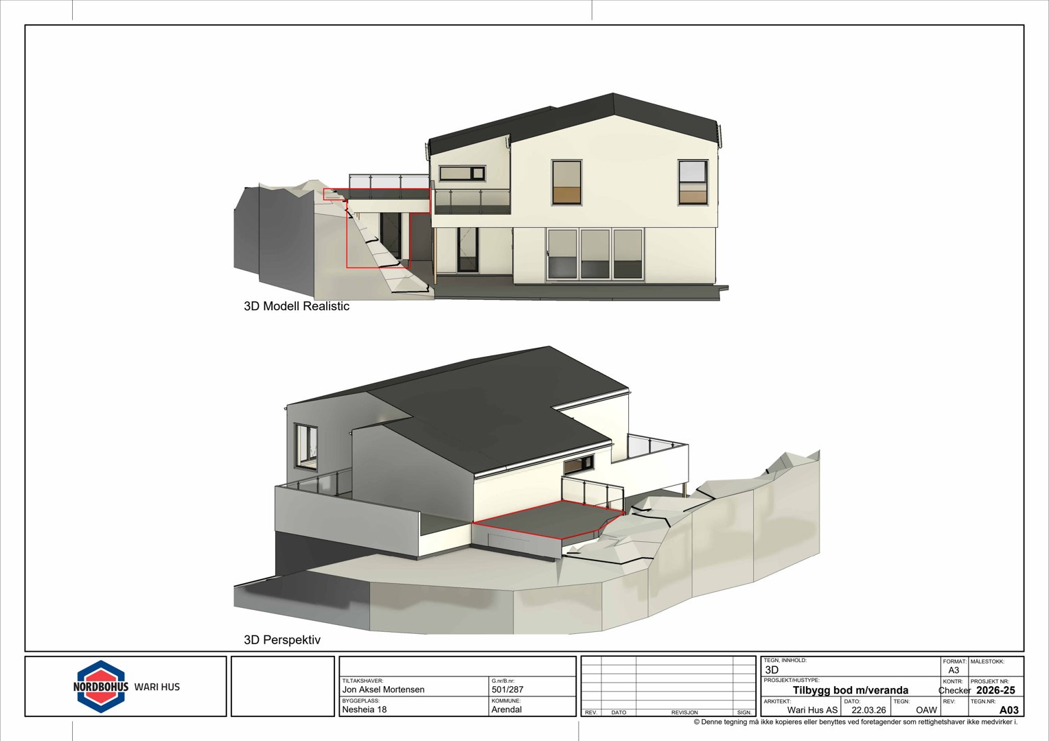 3D-visualiseringer (renderinger) av en planlagt boligutvidelse, vist fra to ulike vinkler.