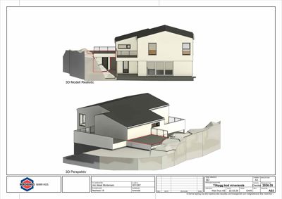 3D-visualiseringer (renderinger) av en planlagt boligutvidelse, vist fra to ulike vinkler.