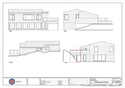 Fasadetegning som viser bygningens utseende fra fire sider (Sør, Øst, Nord, Vest) med vindus- og døråpninger.