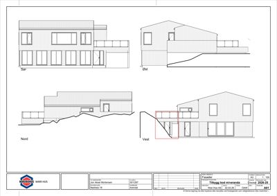 Fasadetegning som viser bygningens utseende fra fire sider (Sør, Øst, Nord, Vest) med vindus- og døråpninger.
