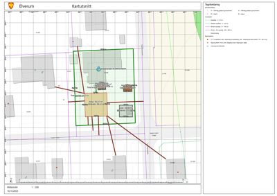 Situasjonsplan (kartutsnitt) som viser tomtens grenser, nabotomter, veier og bygningers plassering i forhold til hverandre.