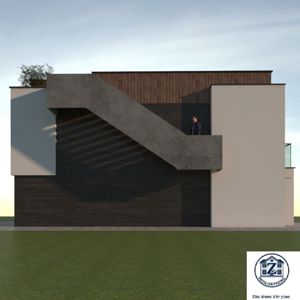 3D-visualisering (rendering) av fasaden på en moderne bygning med en betongtrapp og ulike materialer.