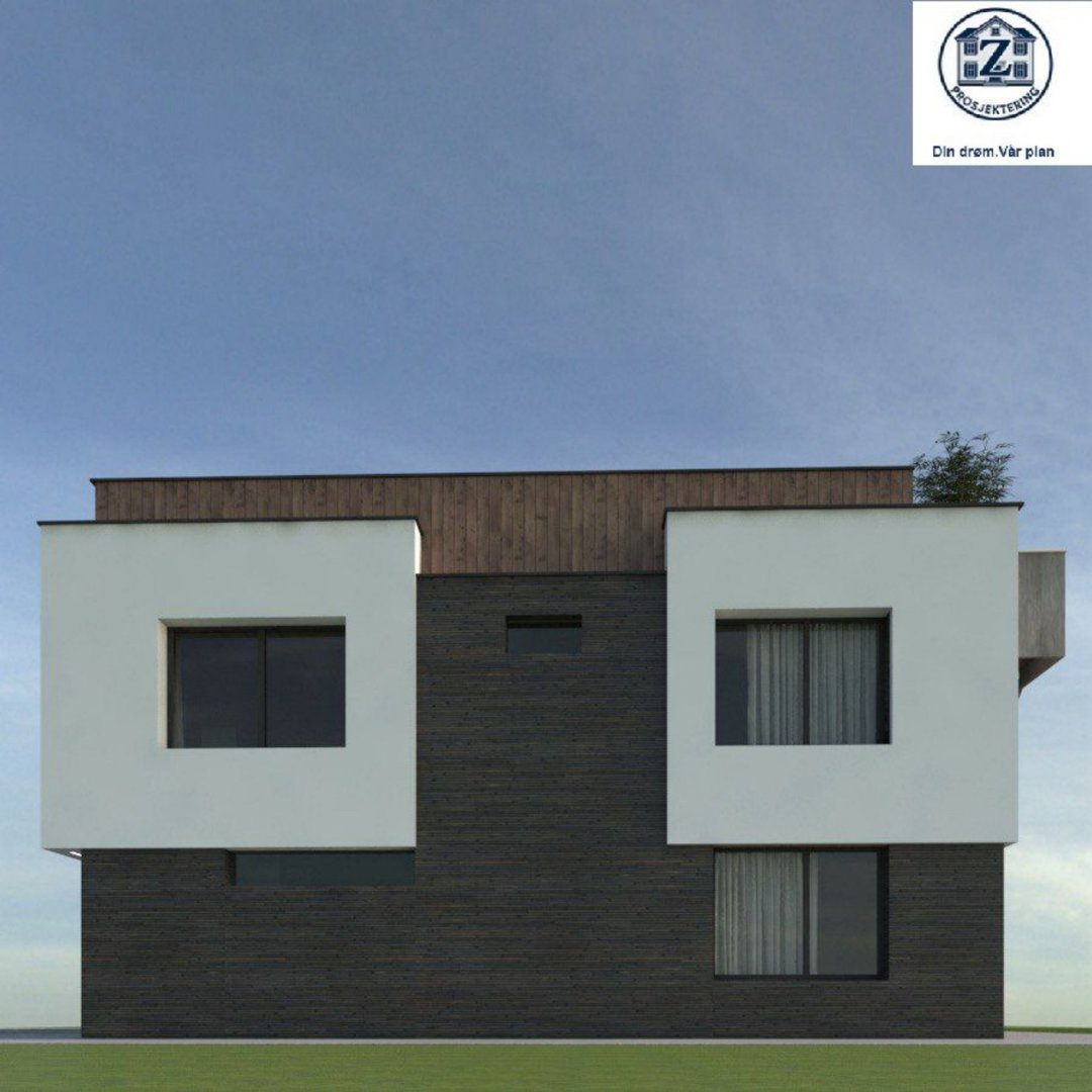 3D-visualisering (rendering) av fasaden på et moderne hus med hvite og mørke trepaneler.