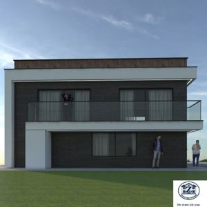 3D-visualisering av en moderne toetasjes bolig sett fra fronten, med personer for skala.