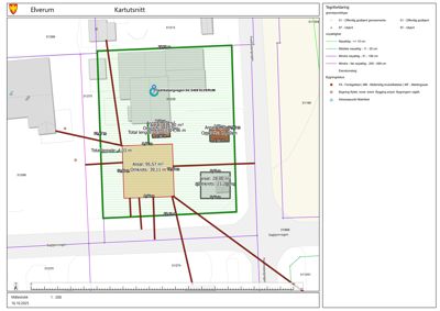 Situasjonsplan (kartutsnitt) som viser eiendomsområde, naboeiendommer, vegnett og eiendomsnummer.