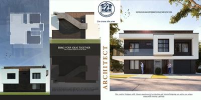 Et 3D-bilde (rendering) av en planlagt bolig, inkludert fasade og etasjeplaner.