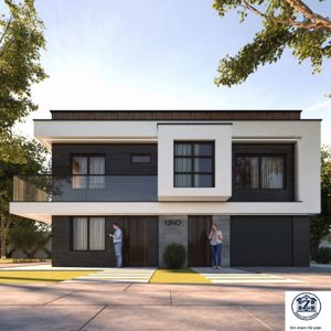 3D-visualisering (rendering) av en moderne toetasjes bolig sett fra fronten, med detaljer som vinduer, fasadematerialer, balkong og omgivelser.