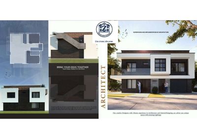 En 3D-visualisering (rendering) av en planlagt toetasjes bolig, inkludert fasade og en planutsnitt.