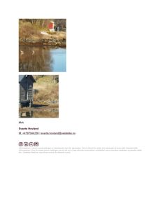 To fotografier av en bygning ved vannet, inkludert en signatur og kontaktinformasjon.