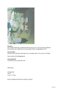 Bildet viser en situasjonsplan eller et kart over et område med overlagte tegninger (blå linjer) på en bakgrunn som ser ut til å være et flyfoto eller satellittbilde. Det er også tekst om planstatus og innspill.