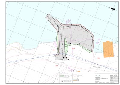 Situasjonsplan som viser tomtens grenser, høydemålerlinjer, eksisterende og planlagt vei (Yistenesvegen), samt arealbruk (grønnfarget for beplantning, grå for byggefelt).