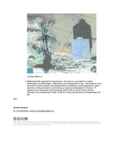 Et fotografi av et område, sannsynligvis en båtverft eller en del av et anlegg, med overlagte håndtegnede notater og linjer.