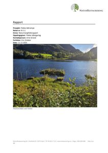 Fotografi av et naturområde ved Flekke, som viser vann, grønt og fjell. Bildet er merket som 'Planområdet ved Flekke' og er en del av en naturmangfoldsrappport.