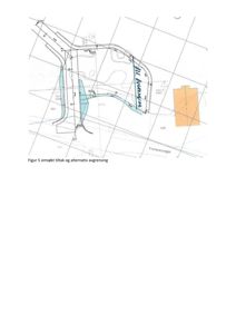 Situasjonsplan som viser etterspurt tiltak (blått) og alternativ avgrensning (oransje) i forhold til eksisterende infrastruktur og vegnett.