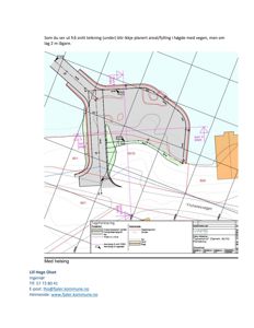 Situasjonsplan som viser terrengform, vegforhold, planlagt areal/fylling og grenser til naboeiendom.