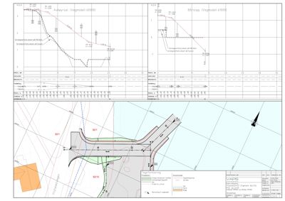 Situasjonsplan som viser eiendomsforhold, vegforløp, eksisterende og planlagt bebyggelse samt vegmodeller for en veiutvidelse.