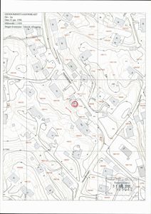 Eiendomssituasjonskart som viser topografi, eiendomsinndeling og bygningsplasseringer i Bergen kommune.