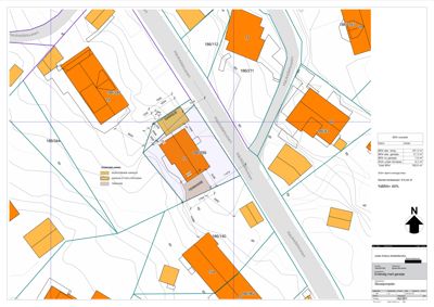 Situasjonsplan som viser tomtens beliggenhet i forhold til nabolag, veier (Haukedalsveien), eksisterende bygninger og planlagt bebyggelse (hus og garasje).