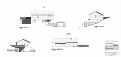 Fasadetegning som viser bygningens utseende fra fire sider (mot øst, vest, nord og sør) med mål og detaljer.