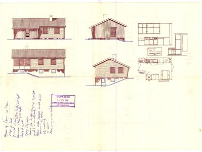 Bildet viser en tegning med fasadeopprikk (fra flere vinkler) og en planløsning for en bolig.