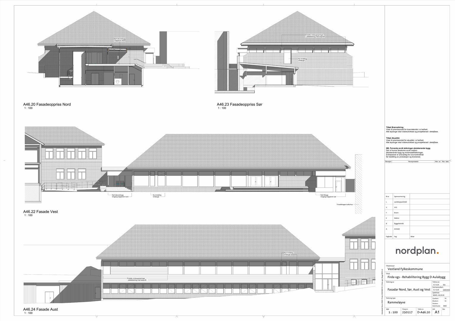 Fasadeoppriks (Nord, Sør, Vest, Aust) for en bygning i et rehabiliteringsprosjekt.