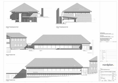 Fasadeoppriks (Nord, Sør, Vest, Aust) for en bygning i et rehabiliteringsprosjekt.