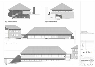 Fasadetegning som viser eksisterende fasader (Nord, Sør, Vest, Aust) med skravering for å vise materialefordeling.