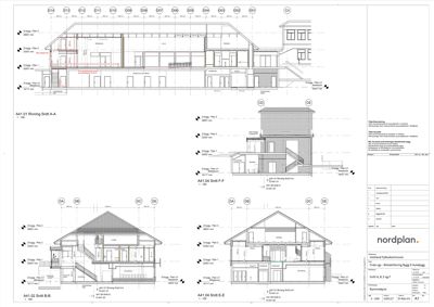 Snittegning (A-A, B-B, E-E, F-F) som viser bygningens indre oppbygning, høyder og romfordeling.