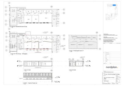 Bildet viser en samling tegninger for et bygg, inkludert eksisterende plan, ombyggingsplan, himlingsplan, snitt og fasade. Det er en teknisk tegning som viser romfordeling og konstruksjon.