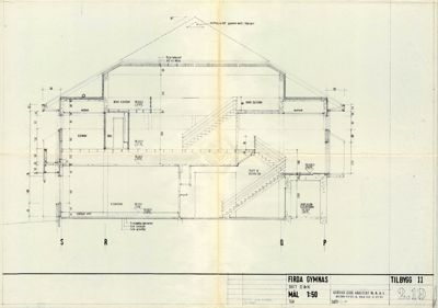 Snittegning som viser bygningens indre struktur, etasjer, trapper og romfordeling.
