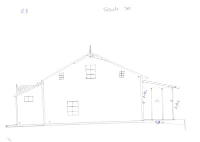 Håndtegnet fasadeopprikk (Fasade Sør) med angitte mål og vindusoppsett.