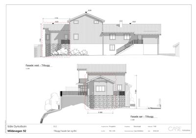 Tegning som viser fasadeoppsett for en bygning (tilbygg) sett fra vest og sør, med mål og detaljer.