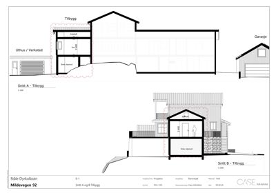 Snittegning (Snitt A og B) som viser tverrsnittet av en bygning med tilbygg, inkludert høyder, grunnmur og innvendig oppdeling.